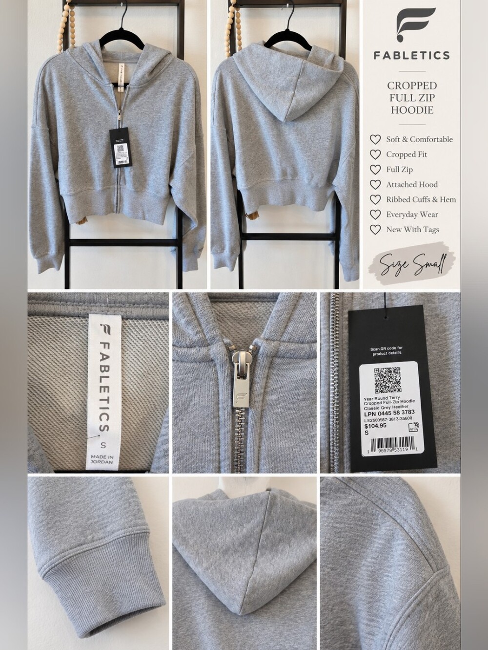 Fabletics Year Round Terry Cropped Full-Zip Hoodie – Heather Grey – Size Small –